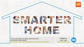 18© GfK January 12, 2016 CES presentation | Smart home: a global perspective | Insights from GfK smart home study
Find out more about our global smart home study
and detailed market reports:
http://www.gfk.com/insights/report/making-the-smart-home-a-reality/
@
Contact us:
Kevin Taylor
kevin.taylor@gfk.com
18
 