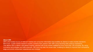 19© GfK January 12, 2016 CES presentation | Smart home: a global perspective | Insights from GfK smart home study
About GfK
GfK is the trusted source of relevant market and consumer information that enables its clients to make smarter decisions.
More than 13,000 market research experts combine their passion with GfK’s long-standing data science experience.
This allows GfK to deliver vital global insights matched with local market intelligence from more than 100 countries. By using
innovative technologies and data sciences, GfK turns big data into smart data, enabling its clients to improve their competitive
edge and enrich consumers’ experiences and choices.
 