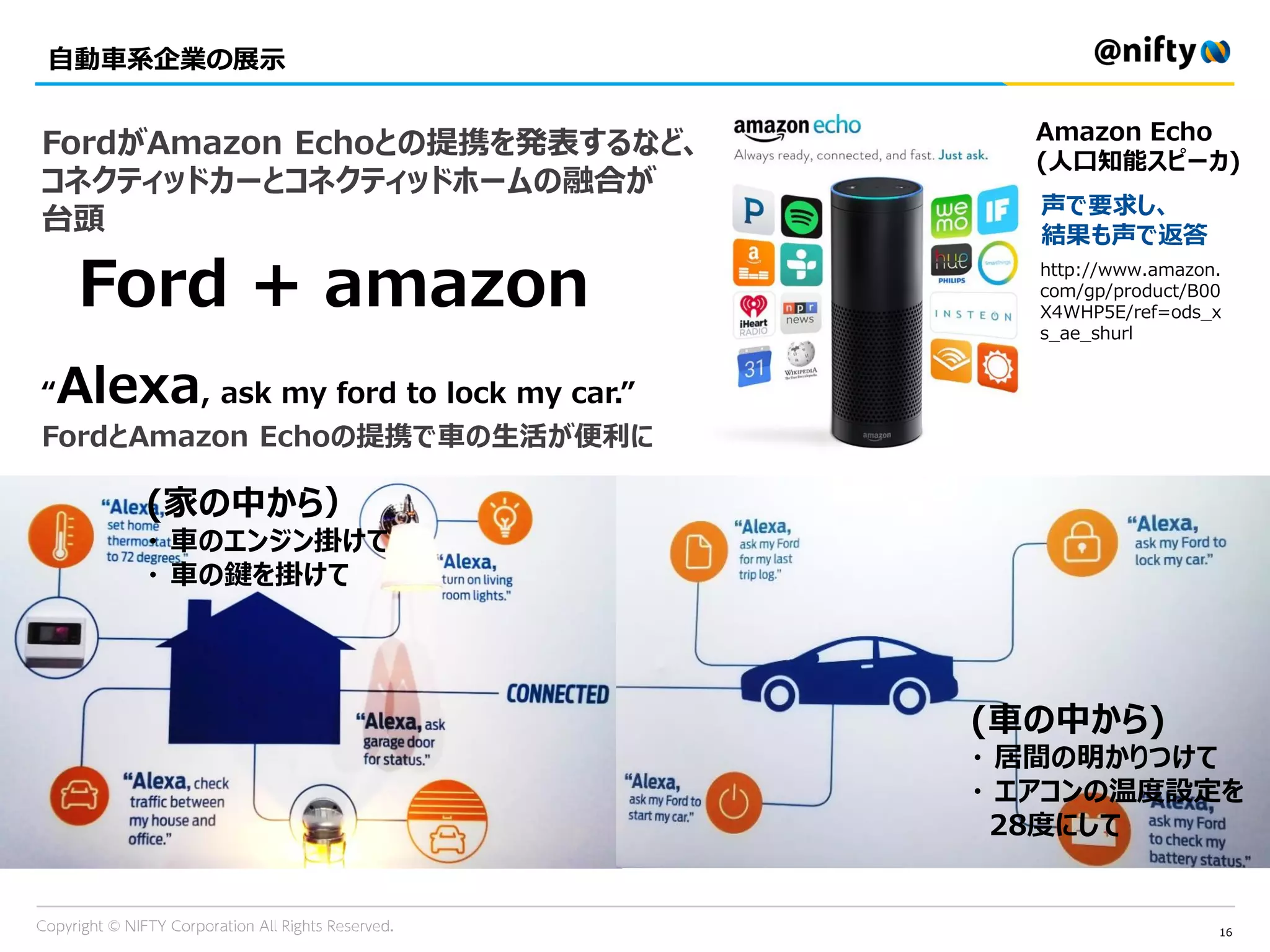 自動車系企業の展示
16
FordとAmazon Echoの提携で車の生活が便利に
声で要求し、
結果も声で返答
(家の中から）
・ 車のエンジン掛けて
・ 車の鍵を掛けて
(車の中から)
・ 居間の明かりつけて
・ エアコンの温度設定を
28度にして
“Alexa, ask my ford to lock my car.”
FordがAmazon Echoとの提携を発表するなど、
コネクティッドカーとコネクティッドホームの融合が
台頭
Ford + amazon
Amazon Echo
(人口知能スピーカ)
http://www.amazon.
com/gp/product/B00
X4WHP5E/ref=ods_x
s_ae_shurl
 