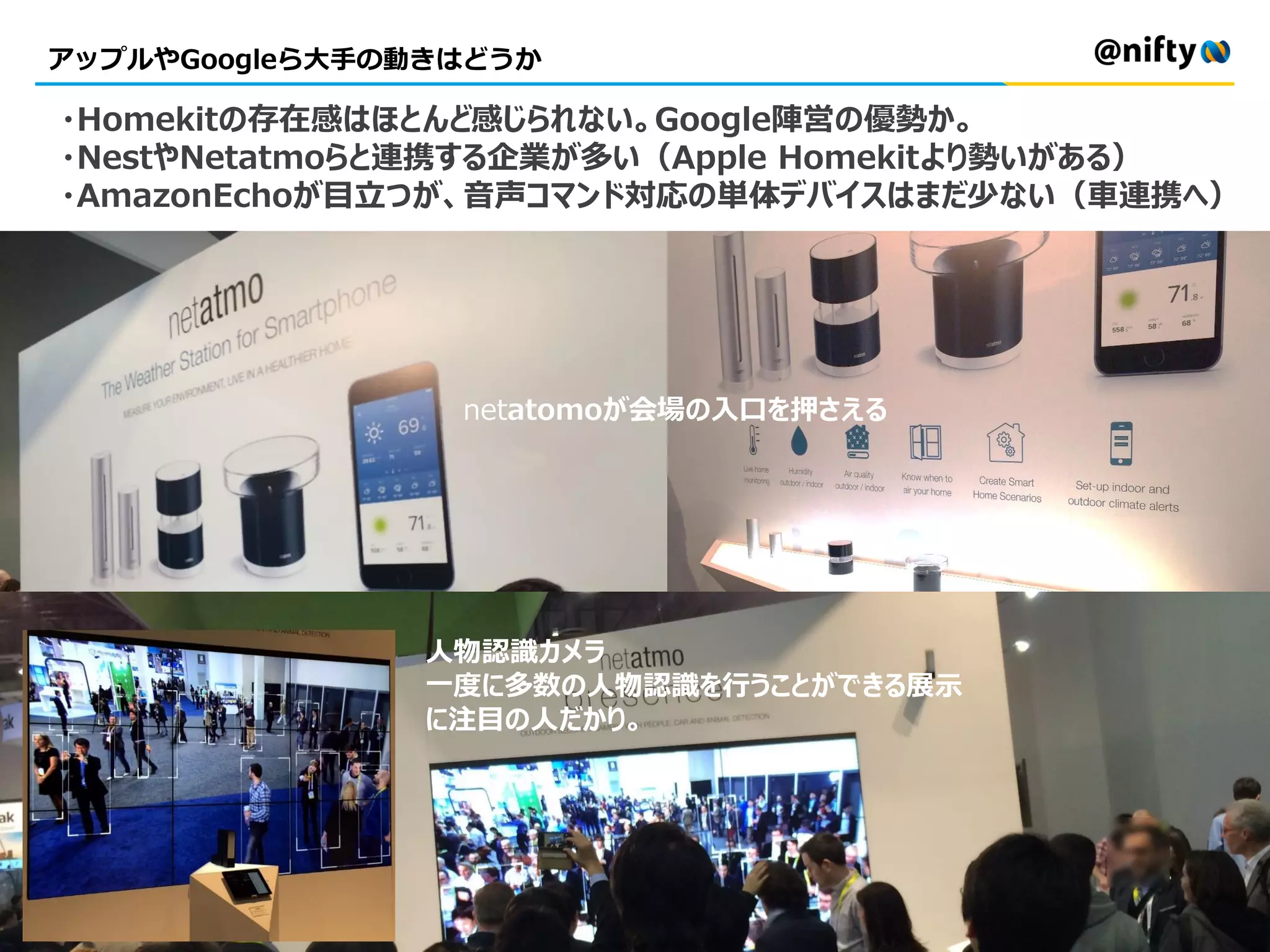 アップルやGoogleら大手の動きはどうか
34
・Homekitの存在感はほとんど感じられない。Google陣営の優勢か。
・NestやNetatmoらと連携する企業が多い（Apple Homekitより勢いがある）
・AmazonEchoが目立つが、音声コマンド対応の単体デバイスはまだ少ない（車連携へ）
netatomoが会場の入口を押さえる
人物認識カメラ
一度に多数の人物認識を行うことができる展示
に注目の人だかり。
 