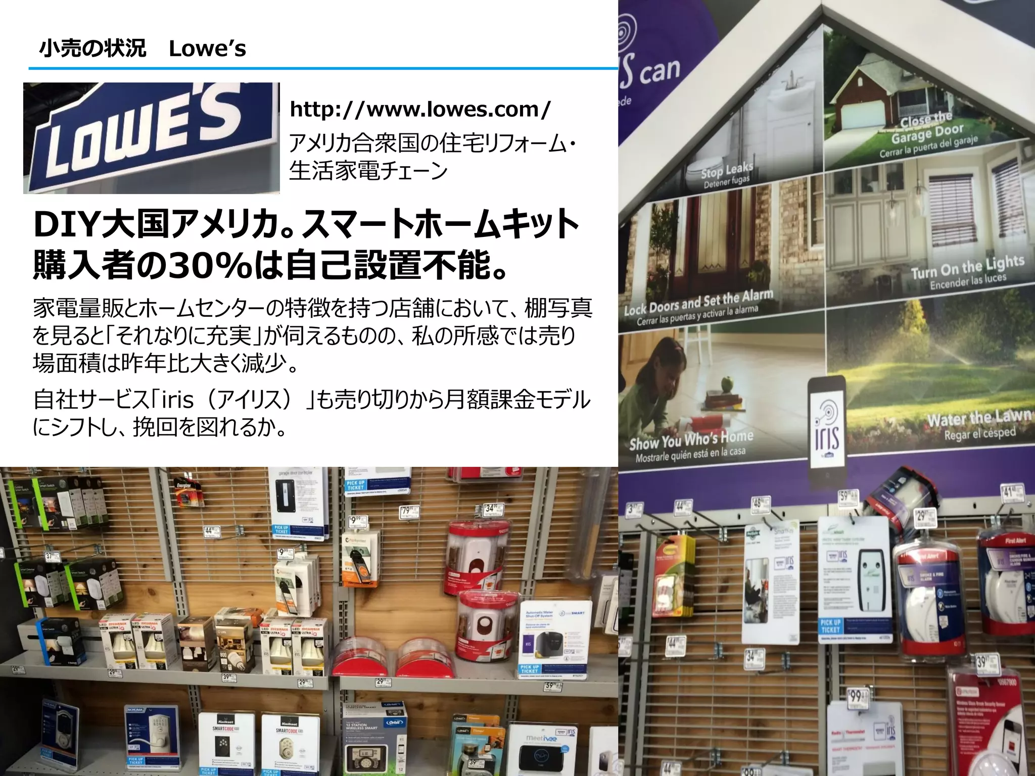 41
小売の状況 Lowe’s
DIY大国アメリカ。スマートホームキット
購入者の30%は自己設置不能。
家電量販とホームセンターの特徴を持つ店舗において、棚写真
を見ると「それなりに充実」が伺えるものの、私の所感では売り
場面積は昨年比大きく減少。
自社サービス「iris（アイリス）」も売り切りから月額課金モデル
にシフトし、挽回を図れるか。
アメリカ合衆国の住宅リフォーム・
生活家電チェーン
http://www.lowes.com/
 