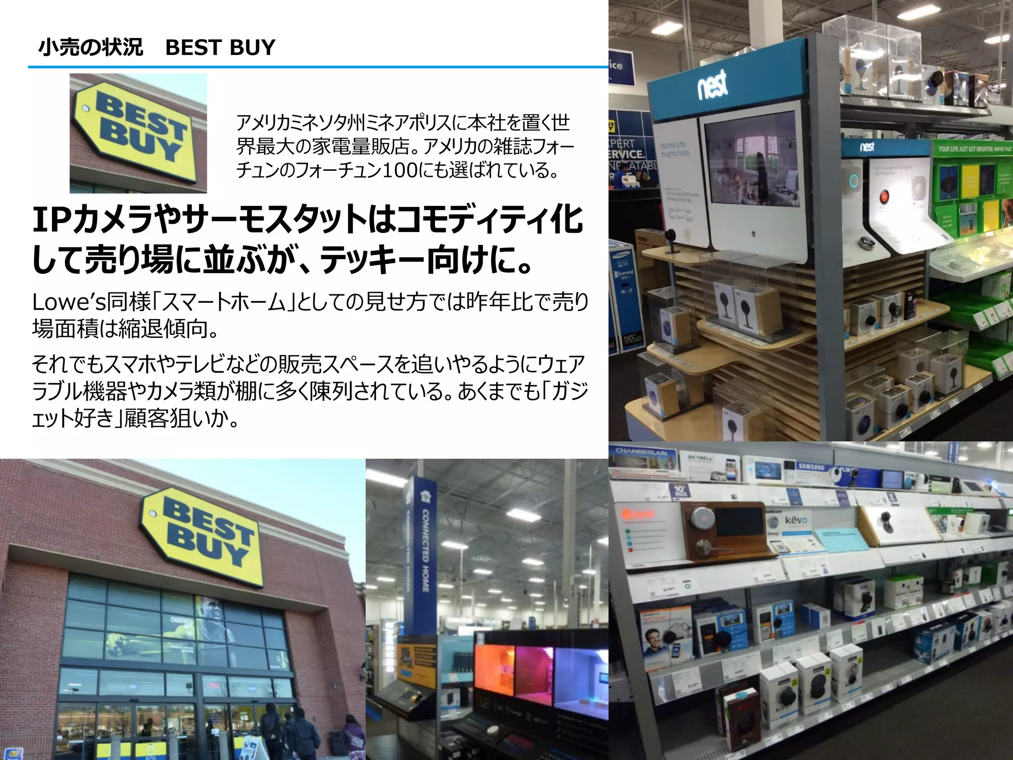 42
小売の状況 BEST BUY
IPカメラやサーモスタットはコモディティ化
して売り場に並ぶが、テッキー向けに。
Lowe’s同様「スマートホーム」としての見せ方では昨年比で売り
場面積は縮退傾向。
それでもスマホやテレビなどの販売スペースを追いやるようにウェア
ラブル機器やカメラ類が棚に多く陳列されている。あくまでも「ガジ
ェット好き」顧客狙いか。
アメリカミネソタ州ミネアポリスに本社を置く世
界最大の家電量販店。アメリカの雑誌フォー
チュンのフォーチュン100にも選ばれている。
 