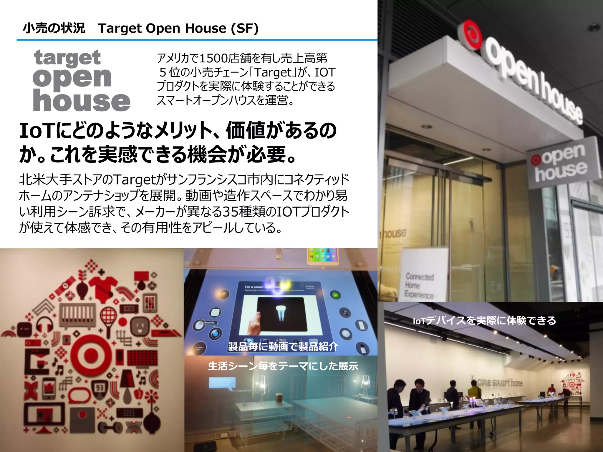 46
小売の状況 Target Open House (SF)
IoTにどのようなメリット、価値があるの
か。これを実感できる機会が必要。
北米大手ストアのTargetがサンフランシスコ市内にコネクティッド
ホームのアンテナショップを展開。動画や造作スペースでわかり易
い利用シーン訴求で、メーカーが異なる35種類のIOTプロダクト
が使えて体感でき、その有用性をアピールしている。
アメリカで1500店舗を有し売上高第
５位の小売チェーン「Target」が、IOT
プロダクトを実際に体験することができる
スマートオープンハウスを運営。
製品毎に動画で製品紹介
生活シーン毎をテーマにした展示
IoTデバイスを実際に体験できる
target
open
house
 