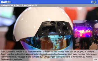 Tout comme le Hololens de Microsoft (bien présent sur les stands mais pas en propre) le casque
Dakri vise les techniciens via une technologie de projection holographique avec caméra qui mesure
l’environnement, couplée à une caméra 3D. Des usages possibles dans la formation ou même
l’intervention assistée.
DAKRI
134
CASQUE DE RÉALITÉ AUGMENTÉE
 