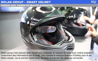 Nolan group s’est associé avec Univet pour proposer un casque de moto avec visière projetant
notamment des informations sur la route. Tout comme le masque Airwave d’Oakley pour le ski,
Nolan essaie, via ce premier partenariat, de tester le marché des casques connectés.
NOLAN GROUP – SMART HELMET
135
CASQUE AVEC VISIÈRE DE RÉALITÉ AUGMENTÉE
 