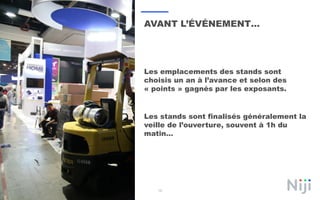 15
AVANT L’ÉVÉNEMENT…
Les emplacements des stands sont
choisis un an à l’avance et selon des
« points » gagnés par les exposants.
Les stands sont finalisés généralement la
veille de l’ouverture, souvent à 1h du
matin…
 