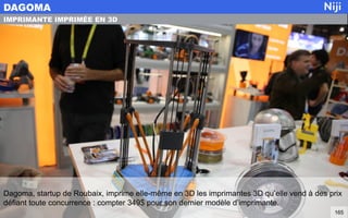 Dagoma, startup de Roubaix, imprime elle-même en 3D les imprimantes 3D qu’elle vend à des prix
défiant toute concurrence : compter 349$ pour son dernier modèle d’imprimante.
DAGOMA
165
IMPRIMANTE IMPRIMÉE EN 3D
 