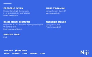 www.niji.fr @Niji_Digital
PARIS RENNES LILLE NANTES LYON
Responsable du Lab – Innovation et prototype de dispositif
M : 06 18 15 48 96
David-henri.bismuth@niji.fr
DAVID-HENRI BISMUTH
Directeur Marketing & Communication
F : 01 58 88 30 75 - M : 06 87 45 46 25
frederic.payen@niji.fr
FRÉDÉRIC PAYEN
Manager Conseil - Expert IOT
Marc.zaganski@niji.fr
MARC ZAGANSKI
Manager Smart Tech
Frederic.moyse@niji.fr
FREDERIC MOYSE
PDG
HUGUES MEILI
 