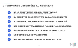 19
7 TENDANCES OBSERVÉES AU CES® 2017
#1 DE LA SMART HOME VERS UN SMART WORLD
#2
#3
DES MODES D’INTERACTION DE PLUS EN PLUS SENSORIELS
#5 UNE IMMERSION DIGITALE DE PLUS EN PLUS TOTALE
#6 L’INDUSTRIE QUI SE TRANSFORME
DES TECHNOLOGIES DE PLUS EN PLUS MATURES
AUTOMOBILE, VERS UNE RÉVOLUTION DE LA MOBILITÉ
#4
#7
DU BIEN-ÊTRE CONNECTÉ VERS LA SANTÉ CONNECTÉE
SMART HOME, SMART KITCHEN, SMART PET, SMART CITY
 