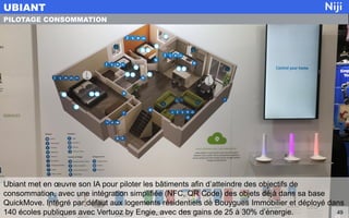 Ubiant met en œuvre son IA pour piloter les bâtiments afin d’atteindre des objectifs de
consommation, avec une intégration simplifiée (NFC, QR Code) des objets déjà dans sa base
QuickMove. Intégré par défaut aux logements résidentiels de Bouygues Immobilier et déployé dans
140 écoles publiques avec Vertuoz by Engie, avec des gains de 25 à 30% d’énergie.
UBIANT
49
PILOTAGE CONSOMMATION
 