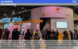 La solution d’interopérabilité de La Poste a été lancée commercialement en mai (sur les stores),
avec 8 clients entreprises pour l’instant, illustrés sur le stand de La Poste. Plus qu’un Hub d’objets
connectés, c’est un hub de services (premier en son genre) qui permet de pousser les services des
partenaires de la Poste (notamment présents sur leurs stands).
LA POSTE
55
HUB NUMÉRIQUE
 