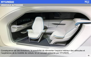 Conséquence de ces évolutions, la possibilité de réinventer l’espace intérieur des véhicules et
l’expérience de la mobilité de voiture. Ici un concept présenté par HYUNDAI.
HYUNDAI
96
VÉHICULE AUTONOME
 