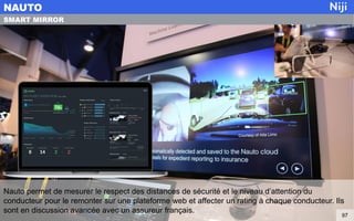Nauto permet de mesurer le respect des distances de sécurité et le niveau d’attention du
conducteur pour le remonter sur une plateforme web et affecter un rating à chaque conducteur. Ils
sont en discussion avancée avec un assureur français.
NAUTO
97
SMART MIRROR
 