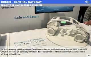 La voiture connectée et autonome fait également émerger de nouveaux risques liés à la sécurité.
BOSCH présente un solution permettant de sécuriser l’ensemble des communications entre le
véhicule et l’extérieur.
BOSCH – CENTRAL GATEWAY
99
SÉCURITÉ DE L’AUTOMOBILE CONNECTÉE
 