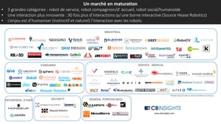 Un marché en maturation
• 3 grandes catégories : robot de service, robot compagnon / d’accueil, robot social/humanoïde
• Une interaction plus innovante : 30 fois plus d’interactions qu’une borne interactive (Source Hease Robotics)
• L’enjeu est d’humaniser (instinctif et naturel) l’interaction avec les robots
 