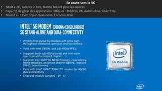 En route vers la 5G
• Débit x100, Latence < 1ms, Norme NB-IoT pour les devices
• Capacité de gérer des applications critiques : Médical, VR, Automobile, Smart City
• Poussé au CES2017 par Qualcomm, Ericsonn, Intel
 