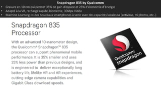 Snapdragon 835 by Qualcomm
• Gravure en 10 nm qui permet 35% de gain d’espace et 25% d’économie d’énergie
• Adapté à la VR, recharge rapide, biométrie, 30Mpx Vidéo
• Machine Learning => des nouveaux smartphones à venir avec des capacités locales IA (antivirus, tri photos, etc..)
 