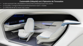 L’automobile (Ubiquité) est à l’épicentre de l’innovation
• Le plus puissant des calcultateurs (consumer) embarqué que nous avons
• La nouvelle « living/conference/entertainement room » mobile
• Le CATALYSEUR de la smart city à venir
 