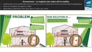 Greenerware – Le magicien des ondes wifi et mobiles
• Amélioration de la qualité des communications tout en préservant l’environnement électromagnétique
• Gains en réception du signal (+12db)
• Applicable au bâtiment mais aussi dans un train, bus, avion
 