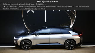 FF91 by Faraday Future
• Présenté comme le véhicule électrique « Tesla Killer »
• 100 km/h en 2,39 secondes (meilleur temps que les moteurs à combustion), 600 à 775 km d’autonomie
• Soutien financier via LeEco, Sortie prévue pour 2018
 