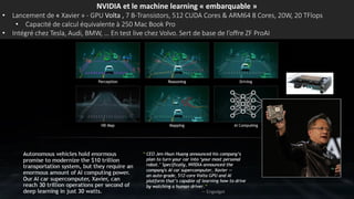 NVIDIA et le machine learning « embarquable »
• Lancement de « Xavier » - GPU Volta , 7 B-Transistors, 512 CUDA Cores & ARM64 8 Cores, 20W, 20 TFlops
• Capacité de calcul équivalente à 250 Mac Book Pro
• Intégré chez Tesla, Audi, BMW, … En test live chez Volvo. Sert de base de l’offre ZF ProAI
 