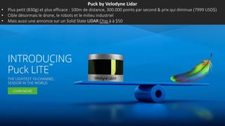 Puck by Velodyne Lidar
• Plus petit (830g) et plus efficace : 100m de distance, 300.000 points par second & prix qui diminue (7999 USD$)
• Cible désormais les drones, les robots et le milieu industriel
• Mais aussi une annonce sur un Solid State LIDAR Chip à à $50
 