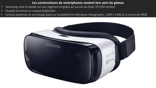 Les constructeurs de smartphones veulent leur part du gateau
• Samsung reste le leader sur son segment et grâce au succès du Gear VR (5M ventes)
• Huawei annonce un casque DayDream
• Lenovo présente un prototype basé sur la plateforme Windows Holographic, 1440 x 1440 et à moins de 400$
 
