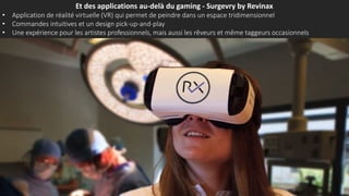 Et des applications au-delà du gaming - Surgevry by Revinax
• Application de réalité virtuelle (VR) qui permet de peindre dans un espace tridimensionnel
• Commandes intuitives et un design pick-up-and-play
• Une expérience pour les artistes professionnels, mais aussi les rêveurs et même taggeurs occasionnels
 
