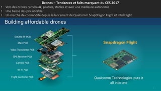Drones – Tendances et faits marquant du CES 2017
• Vers des drones caméra 4k, pliables, stables et avec une meilleure autonomie
• Une baisse des prix notable
• Un marché de commodité depuis le lancement de Qualcomm SnapDragon Flight et Intel Flight
 