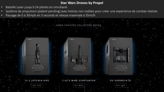 Star Wars Drones by Propel
• Bataille Laser jusqu’à 24 pilotes en simultané.
• Système de propulsion (patent pending) avec helices non visibles pour créer une experience de combat réaliste
• Passage de 0 à 30mph en 3 seconds et vitesse maximale à 35mi/h
 