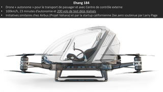 Ehang 184
• Drone « autonome » pour le transport de passager et avec Centre de contrôle externe
• 100km/h, 23 minutes d’autonomie et 200 vols de test déjà réalisés
• Initiatives similaires chez Airbus (Projet Vahana) et par la startup californienne Zee.aero soutenue par Larry Page
 