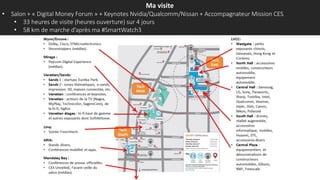 Ma visite
• Salon + « Digital Money Forum » + Keynotes Nvidia/Qualcomm/Nissan + Accompagnateur Mission CES
• 33 heures de visite (heures ouverture) sur 4 jours
• 58 km de marche d’après ma #SmartWatch3
 