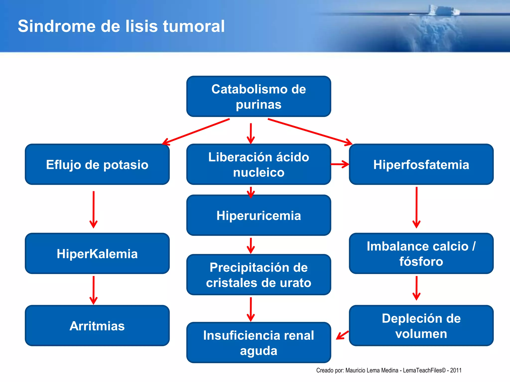 Sindrome de lisis tumoral
HiperKalemia
Eflujo de potasio Hiperfosfatemia
Catabolismo de
purinas
Arritmias
Imbalance calcio /
fósforo
Depleción de
volumen
Liberación ácido
nucleico
Hiperuricemia
Precipitación de
cristales de urato
Insuficiencia renal
aguda
Creado por: Mauricio Lema Medina - LemaTeachFiles© - 2011
 