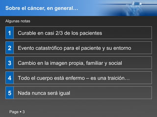 Page  3
Sobre el cáncer, en general…
Curable en casi 2/3 de los pacientes
Evento catastrófico para el paciente y su entorno
Cambio en la imagen propia, familiar y social
Todo el cuerpo está enfermo – es una traición…
Nada nunca será igual
1
2
3
4
5
Algunas notas
 
