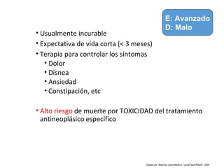 • Usualmente incurable
• Expectativa de vida corta (< 3 meses)
• Terapia para controlar los síntomas
• Dolor
• Disnea
• Ansiedad
• Constipación, etc
• Alto riesgo de muerte por TOXICIDAD del tratamiento
antineoplásico específico
E: Avanzado
D: Malo
Creado por: Mauricio Lema Medina - LemaTeachFiles© - 2004
 