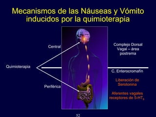 52
Quimioterapia
Mecanismos de las Náuseas y Vómito
inducidos por la quimioterapia
Complejo Dorsal
Vagal – área
postrema
Periférica
Central
C. Enterocromafín
Liberación de
Serotonina
Aferentes vagales
receptores de 5-HT3
 