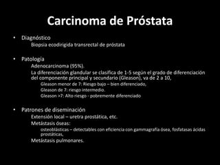 Carcinoma de Próstata
• Diagnóstico
Biopsia ecodirigida transrectal de próstata
• Patología
Adenocarcinoma (95%).
La diferenciación glandular se clasifica de 1-5 según el grado de diferenciación
del componente principal y secundario (Gleason), va de 2 a 10,
Gleason menor de 7: Riesgo bajo – bien diferenciado,
Gleason de 7: riesgo intermedio.
Gleason >7: Alto riesgo - pobremente diferenciado
• Patrones de diseminación
Extensión local – uretra prostática, etc.
Metástasis óseas:
osteoblásticas – detectables con eficiencia con gammagrafía ósea, fosfatasas ácidas
prostáticas,
Metástasis pulmonares.
 