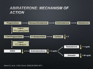 Attard G, et al. J Clin Oncol. 2008;26:4563-4571.
Pregnenolone Deoxycorticosterone Corticosterone Aldosterone
Cortisol11-deoxycortisol17OH-Pregnenolone
CYP17:
17α-hydroxylase
CYP17:
C17,20-lyase
DHEA Androstenedione
Testosterone
Estradiol
x 3
x 2
< 2 ng/dL
< 1 ng/dL
< 80 ng/dL
 