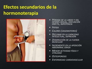 Efectos secundarios de la
hormonoterapia
• PÉRDIDA DE LA LIBIDO Y DEL
INTERÉS SEXUAL, DISFUNCIÓN
ERÉCTIL, IMPOTENCIA
• FATIGA
• CALORES (VASOMOTORES)
• DECLINAR EN LA CAPACIDAD
INTELECTUAL, DEPRESIÓN
• DISMINUCIÓN DE LA FUERZA
MUSCULAR
• INCREMENTO EN LA APOSICIÓN
ABDOMINAL GRASA
• MENOR ACTIVIDAD FÍSICA Y
VITALIDAD
• OSTEOPOROSIS
• ENFERMEDAD CARDIOVASCULAR
 