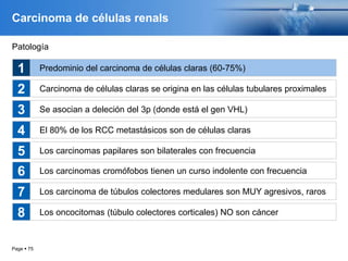 Page  75
Carcinoma de células renals
Patología
Predominio del carcinoma de células claras (60-75%)
Carcinoma de células claras se origina en las células tubulares proximales
Se asocian a deleción del 3p (donde está el gen VHL)
El 80% de los RCC metastásicos son de células claras
Los carcinomas papilares son bilaterales con frecuencia
1
2
3
4
5
Los carcinomas cromófobos tienen un curso indolente con frecuencia
Los carcinoma de túbulos colectores medulares son MUY agresivos, raros
Los oncocitomas (túbulo colectores corticales) NO son cáncer
6
7
8
 