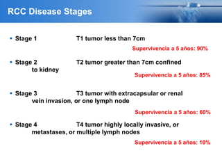 RCC Disease Stages
 Stage 1 T1 tumor less than 7cm
 Stage 2 T2 tumor greater than 7cm confined
to kidney
 Stage 3 T3 tumor with extracapsular or renal
vein invasion, or one lymph node
 Stage 4 T4 tumor highly locally invasive, or
metastases, or multiple lymph nodes
Supervivencia a 5 años: 90%
Supervivencia a 5 años: 85%
Supervivencia a 5 años: 60%
Supervivencia a 5 años: 10%
 