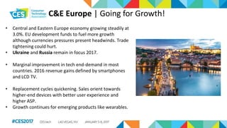 C&E Europe | Going for Growth!
• Central and Eastern Europe economy growing steadily at
3.0%. EU development funds to fuel more growth
although currencies pressures present headwinds. Trade
tightening could hurt.
• Ukraine and Russia remain in focus 2017.
• Marginal improvement in tech end-demand in most
countries. 2016 revenue gains defined by smartphones
and LCD TV.
• Replacement cycles quickening. Sales orient towards
higher-end devices with better user experience and
higher ASP.
• Growth continues for emerging products like wearables.
 