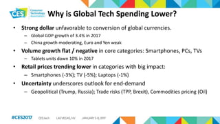Why is Global Tech Spending Lower?
• Strong dollar unfavorable to conversion of global currencies.
– Global GDP growth of 3.4% in 2017
– China growth moderating, Euro and Yen weak
• Volume growth flat / negative in core categories: Smartphones, PCs, TVs
– Tablets units down 10% in 2017
• Retail prices trending lower in categories with big impact:
– Smartphones (-3%); TV (-5%); Laptops (-1%)
• Uncertainty underscores outlook for end-demand
– Geopolitical (Trump, Russia); Trade risks (TPP, Brexit), Commodities pricing (Oil)
 