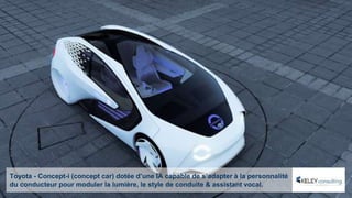 Toyota - Concept-i (concept car) dotée d’une IA capable de s’adapter à la personnalité
du conducteur pour moduler la lumière, le style de conduite & assistant vocal.
 