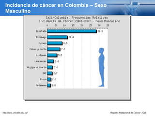 Incidencia de cáncer en Colombia – Sexo
Masculino
Registro Poblacional de Cáncer - Calihttp://rpcc.univalle.edu.co/
 