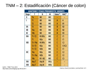TNM – 2: Estadificación (Cáncer de colon)
Creado por: Mauricio Lema Medina - LemaTeachFiles© - 2011
AJCC – TNM 7th
Ed, 2010
http://www.cancerstaging.org/ 06.02.2011
 