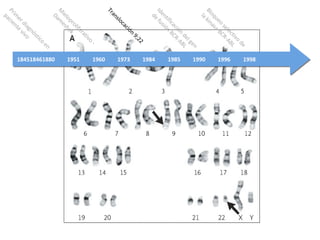 184518461880 1951 1960 1973 1984 1985 1990 1996 1998
Prim
erdiagnóstico
en
paciente
vivo
M
ieloproliferativo
-
Dam
eshek
Translocación
9;22
Identificación
delgen
de
fusión
BCR-ABL
Bloqueo
selectivo
de
la
kinasa
BCR-ABL
 