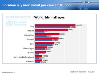 Incidencia y mortalidad por cáncer: Mundo
GLOBOCAN 2008 (IARC) – 06.02.2011http://globocan.iarc.fr/
 