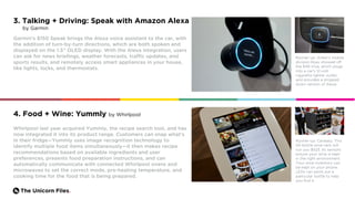 The Unicorn Files.
3. Talking + Driving: Speak with Amazon Alexa
by Garmin
Garmin’s $150 Speak brings the Alexa voice assistant to the car, with
the addition of turn-by-turn directions, which are both spoken and
displayed on the 1.5” OLED display. With the Alexa integration, users
can ask for news briefings, weather forecasts, traffic updates, and
sports results, and remotely access smart appliances in your house,
like lights, locks, and thermostats.
Runner-up: Anker’s mobile
division Roav showed off
the $49 Viva, which plugs
into a car’s 12-volt
cigarette lighter outlet,
and provides a stripped
down version of Alexa.
Whirlpool last year acquired Yummly, the recipe search tool, and has
now integrated it into its product range. Customers can snap what’s
in their fridge—Yummly uses image recognition technology to
identify multiple food items simultaneously—it then makes recipe
recommendations based on available ingredients and user
preferences, presents food preparation instructions, and can
automatically communicate with connected Whirlpool ovens and
microwaves to set the correct mode, pre-heating temperature, and
cooking time for the food that is being prepared.
Runner-up: Caveasy. This
50-bottle wine rack will
run you $523. Its sensors
ensure your wine is kept
in the right environment.
Your wine inventory can
be kept on your phone.
LEDs can point out a
particular bottle to help
you find it.
4. Food + Wine: Yummly by Whirlpool
 