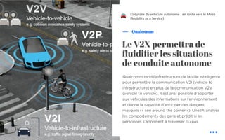 Qualcomm rend l’infrastructure de la ville intelligente
pour permettre la communication V2I (vehicle to
infrastructure) en plus de la communication V2V
(vehicle to vehicle). Il est ansi possible d’apporter
aux véhicules des informations sur l’environnement
et donne la capacité d’anticiper des dangers
masqués (« see around the corner »). Une IA analyse
les comportements des gens et prédit si les
personnes s’apprêtent à traverser ou pas.
Qualcomm
Le V2X perme!ra de
ﬂuidiﬁer les situations
de conduite autonome
L’odyssée du véhicule autonome : en route vers le MaaS
(Mobility as a Service)!
 